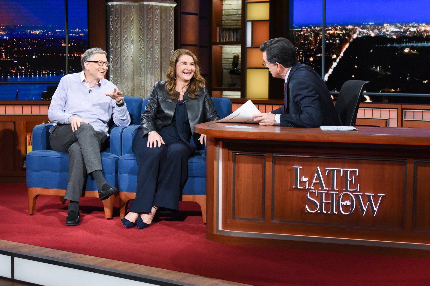 NEW YORK - FEBRUARY 12: The Late Show with Stephen Colbert and guests Bill Gates &amp; Melinda Gates during Tuesday's February 12, 2019 show. (Photo by Scott Kowalchyk/CBS via Getty Images)