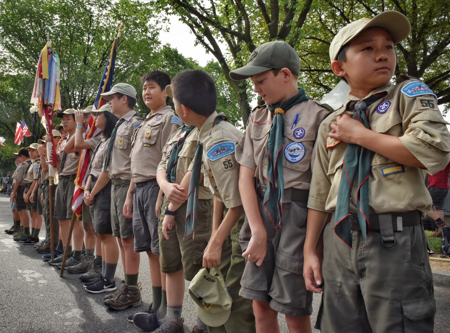 WASHINGTON, DC - JULY 04: Boy Scouts from Troop 55, of Falls Church Va., prepare for the approaching the National Independence Day Parade on Constitution Avenue in Washington D.C. on July 4, 2019. (Photo by Bill O'Leary/The Washington Post via Getty Images)