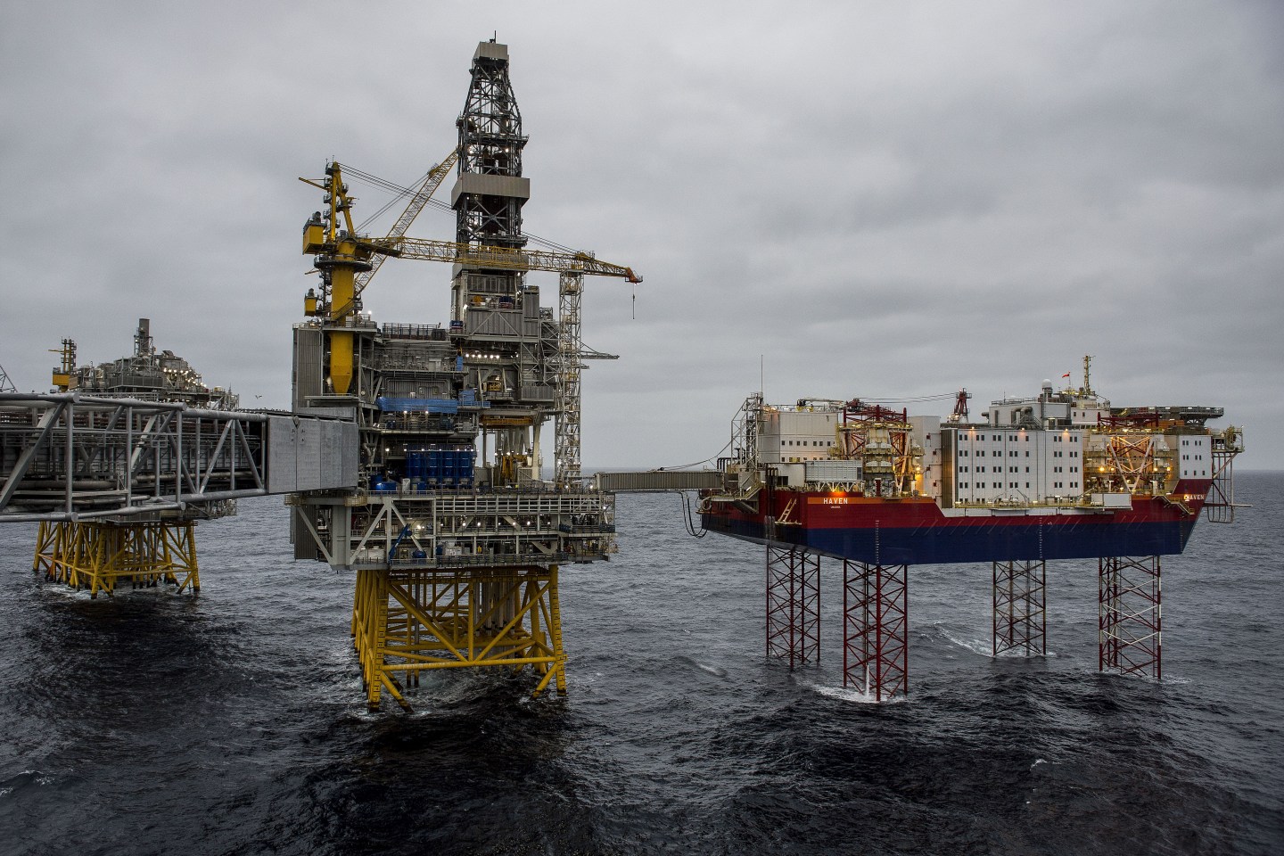 The Haven accommodation jackup rig stands connected to the drilling platform in Norway