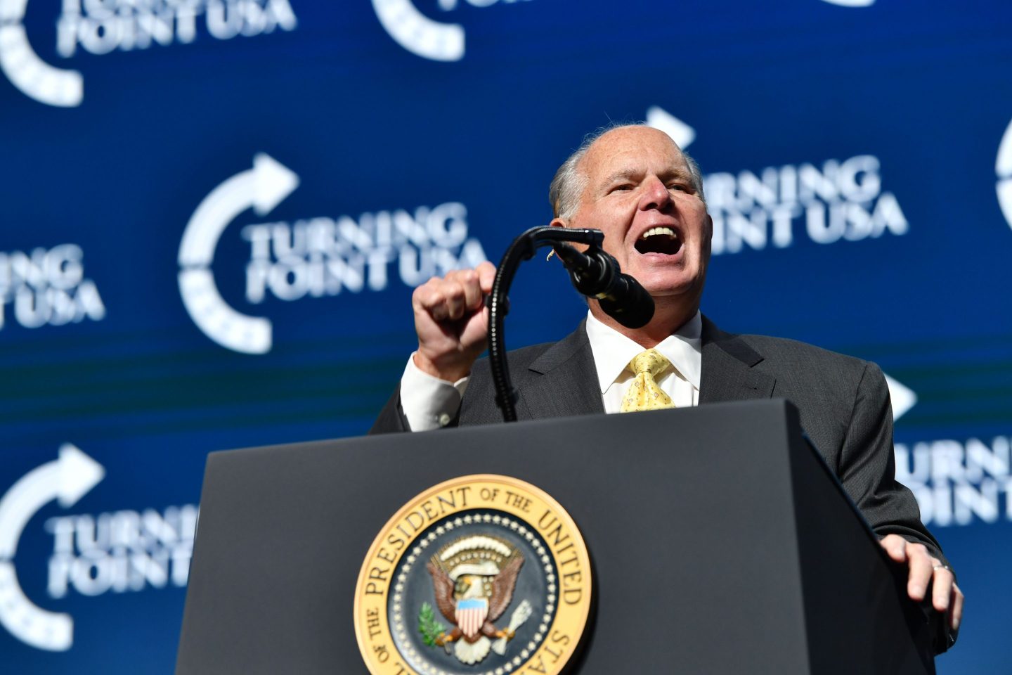 Rush Limbaugh speaks before US President Donald Trump takes the stage during the Turning Point USA Student Action Summit at the Palm Beach County Convention Center in West Palm Beach, Florida on December 21, 2019. (Photo by Nicholas Kamm / AFP) (Photo by NICHOLAS KAMM/AFP via Getty Images)