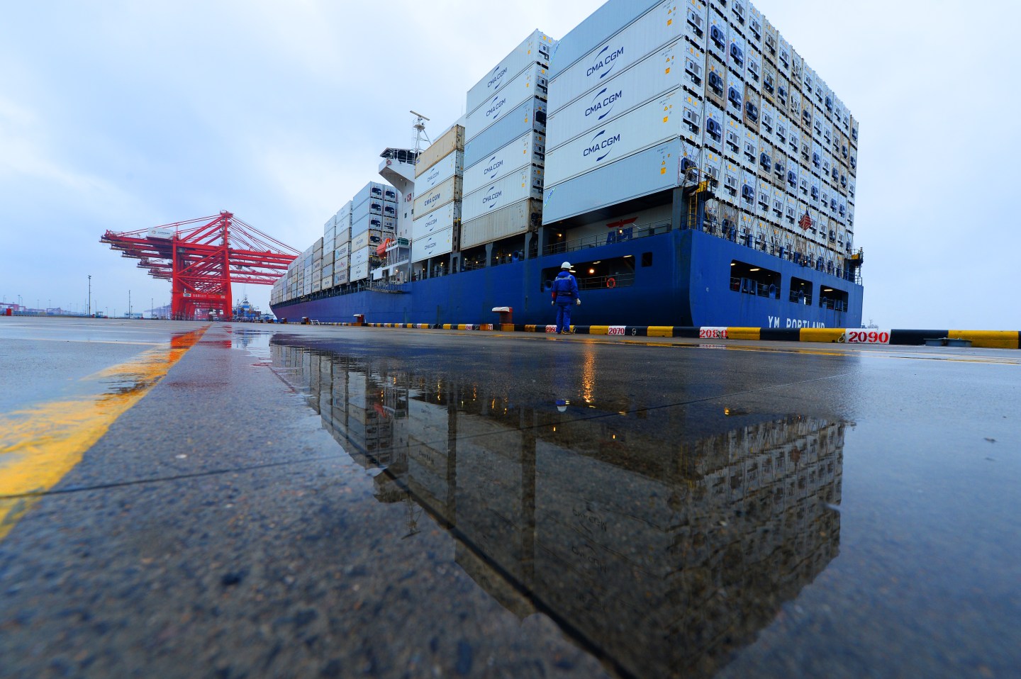 SUZHOU, CHINA - NOVEMBER 27: A CMA CGM YM Portland ship with 4,444 containers leaves Taicang Port on November 27, 2019 in Suzhou, Jiangsu Province of China. (Photo by Ji Haixin/VCG via Getty Images)
