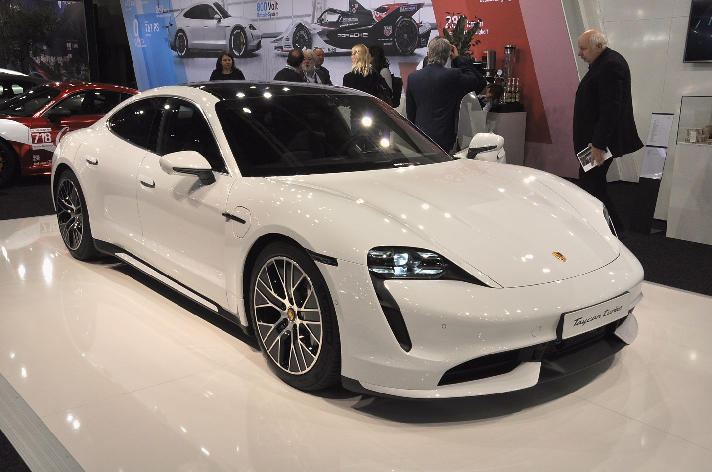 VIENNA, AUSTRIA - JANUARY 15: A Porsche Taycan turbo is seen during the Vienna Car Show press preview at Messe Wien, as part of Vienna Holiday Fair, on January 15, 2020 in Vienna, Austria. The Vienna Autoshow will be held January 16-19. (Photo by Manfred Schmid/Getty Images)