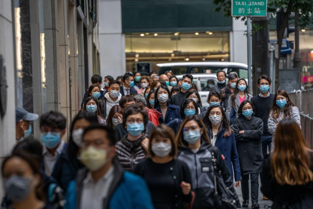 People wearing surgical masks in central district of Hong