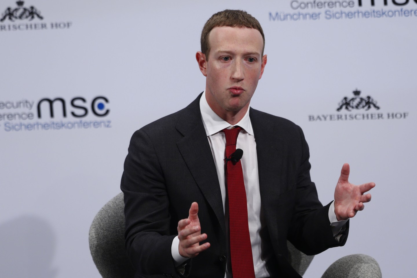 Mark Zuckerberg, chief executive officer and founder of Facebook Inc., gestures while speaking on stage during the Munich Security Conference at the Bayerischer Hof hotel in Munich, Germany, on Saturday, Feb. 15, 2020. The Libyan conflict is set to be one of the main themes at the annual security conference that runs Feb. 14 - 16. Photographer: Michaela Handrek-Rehle/Bloomberg via Getty Images
