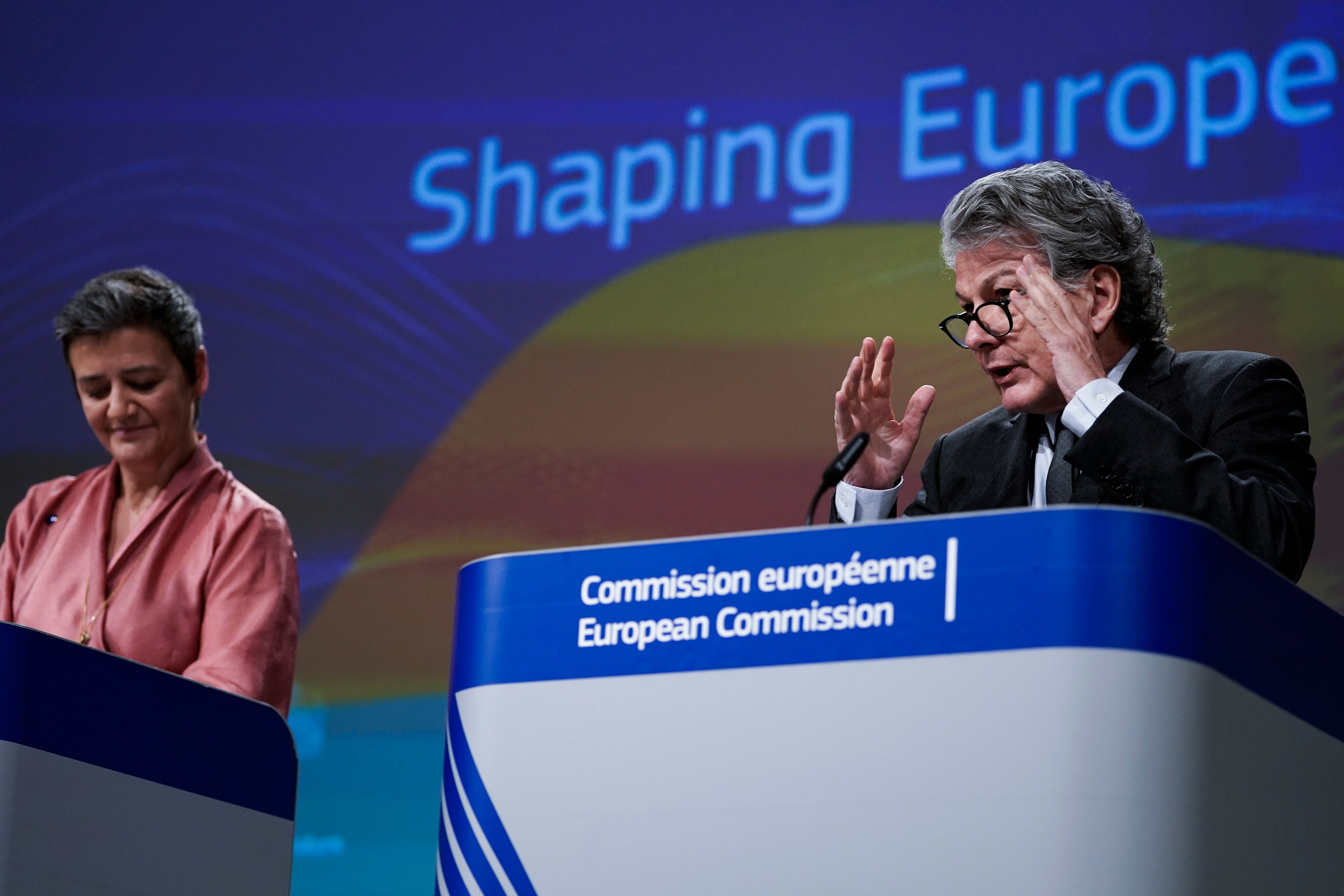 European Commission Executive Vice-President Margrethe Vestager (L) and EU Commissioner for Internal Market Thierry Breton (R) give a press conference on Artificial Intelligence (AI) on February 19, 2020 at the European Commission headquarters at the Berlaymont building in Brussels.