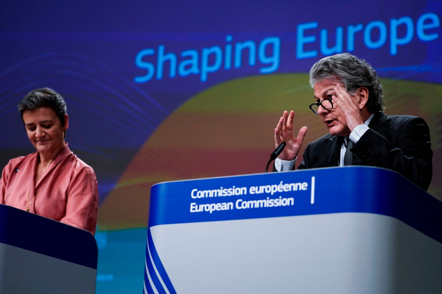 European Commission Executive Vice-President Margrethe Vestager (L) and EU Commissioner for Internal Market Thierry Breton (R) give a press conference on Artificial Intelligence (AI) on February 19, 2020 at the European Commission headquarters at the Berlaymont building in Brussels.