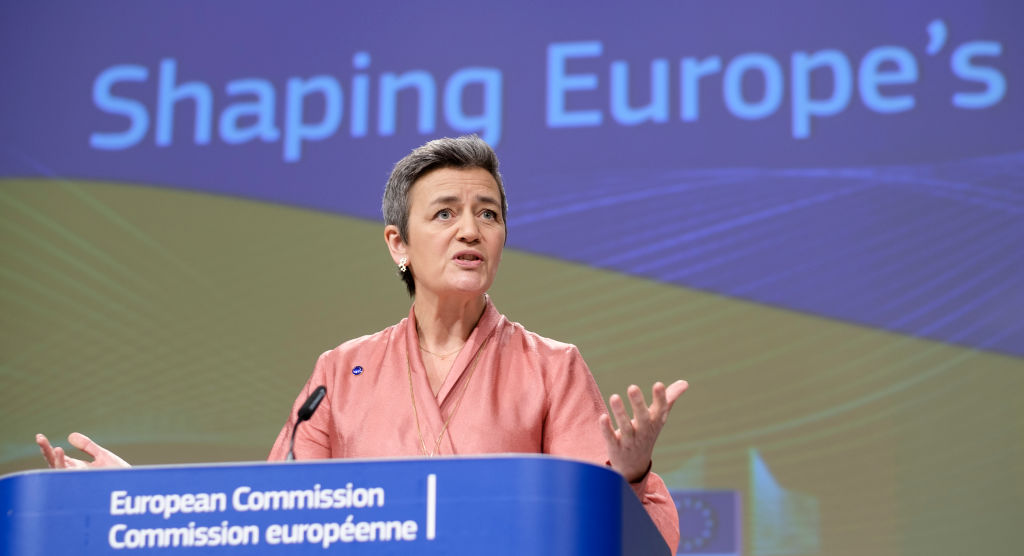 EU executive vice president Margrethe Vestager at a press conference unveiling the new EU white paper on A.I.