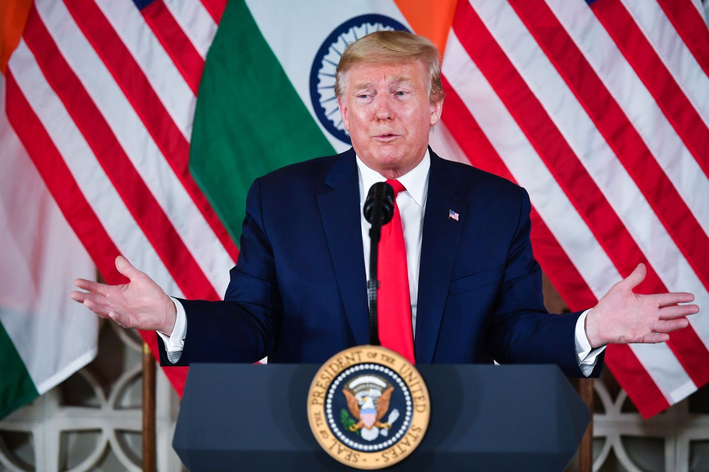 US President Donald Trump speaks during a business roundtable meeting at Roosevelt House in New Delhi on February 25, 2020. (Photo by Mandel NGAN / AFP) (Photo by MANDEL NGAN/AFP via Getty Images)