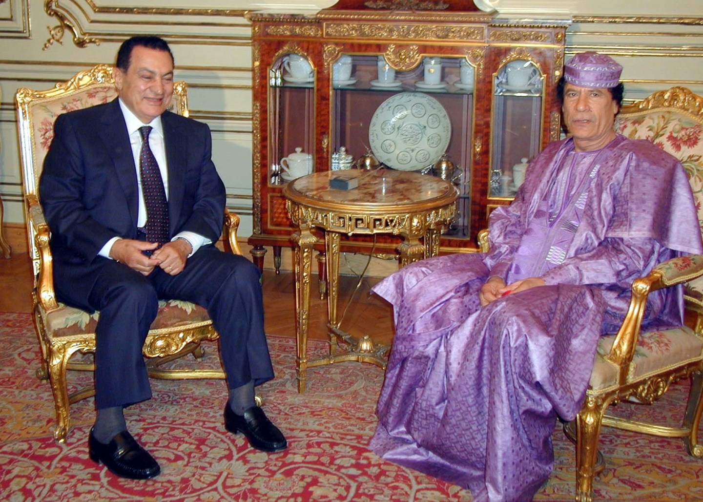 CAIRO, EGYPT - (ARCHIVE): A file photo dated on July 23, 2002 shows Former President of Egypt Hosni Mubarak meets with Former Prime Minister of Libya Muammar al-Gaddafi in Cairo, Egypt. Egyptâs former President Mohamed Hosni Mubarak died on Tuesday at the age of 91, following years of illness, according to local media. (Photo by Metin Turan/Anadolu Agency via Getty Images)