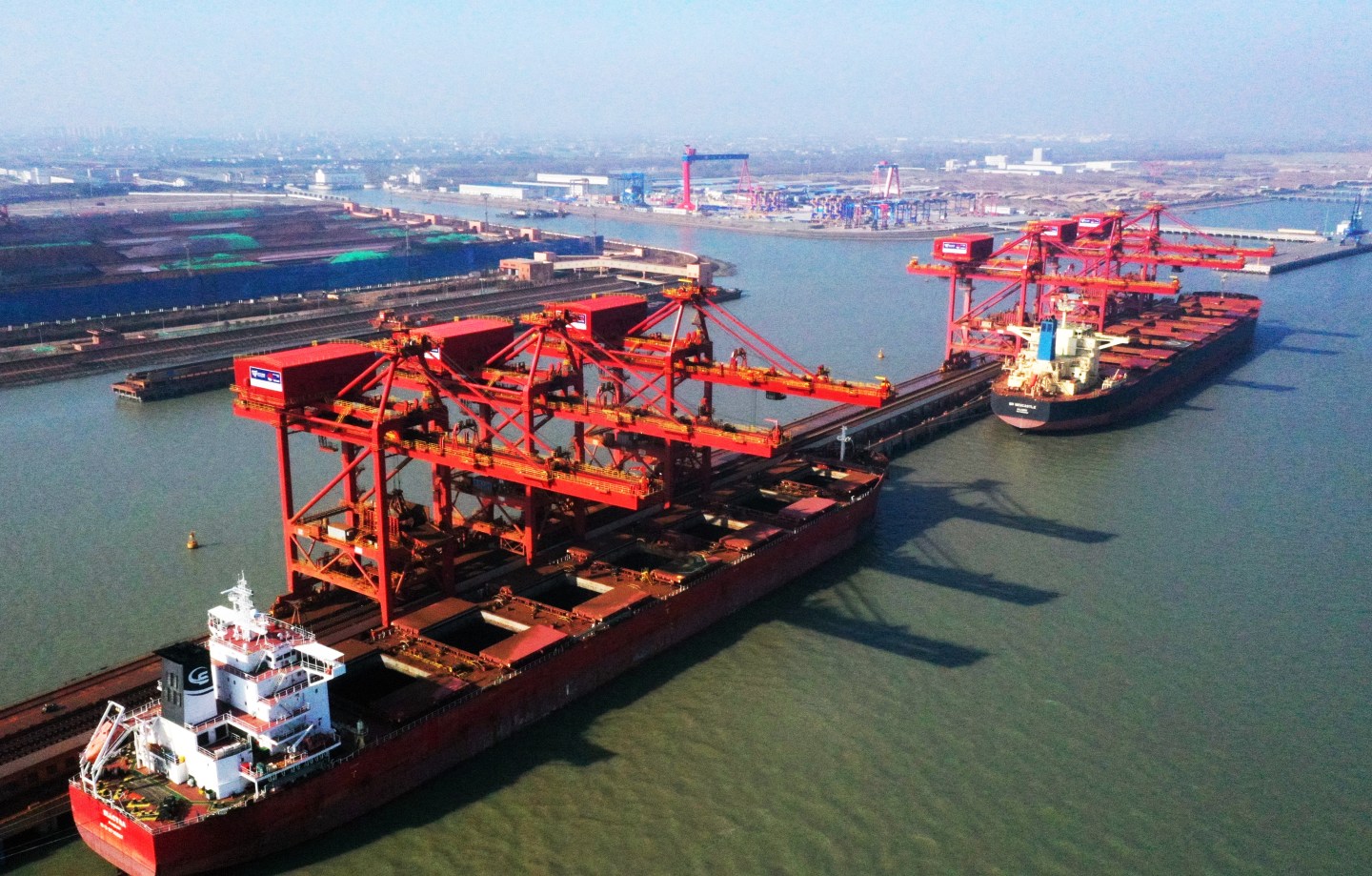SUZHOU, CHINA - FEBRUARY 02: Two cargo ships are berthed at Taicang Wugang Terminal on February 2, 2020 in Suzhou, Jiangsu Province of China. (Photo by Ji Haixin/VCG via Getty Images)