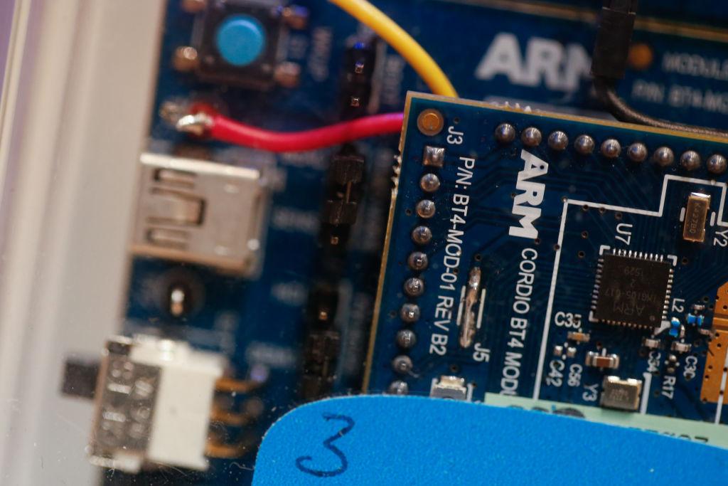 Close-up image of Arm Holdings-designed computer chips seen inside a computer.