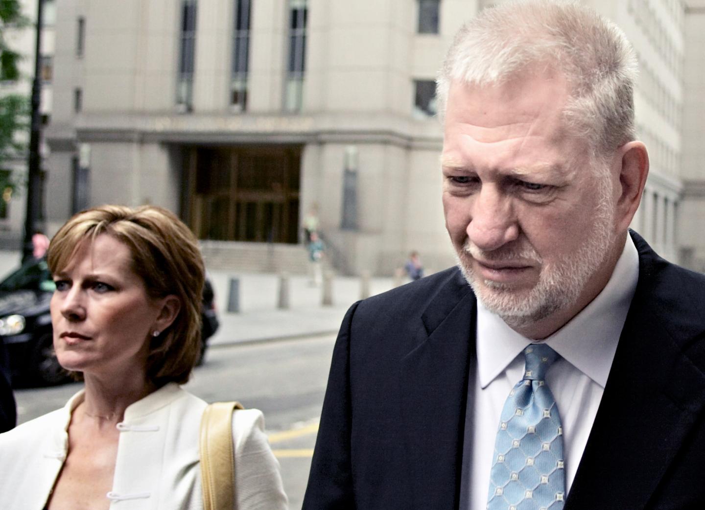 UNITED STATES - JULY 13: Bernard Ebbers, former WorldCom CEO, arrives with his wife Kristie at Manhattan Federal court for his sentencing in New York Wednesday, July 13, 2005. Ebbers, convicted of leading an $11 billion fraud at WorldCom Inc., will learn this morning whether he must spend the rest of his life in a federal prison. (Photo by Adam Rountree/Bloomberg via Getty Images)