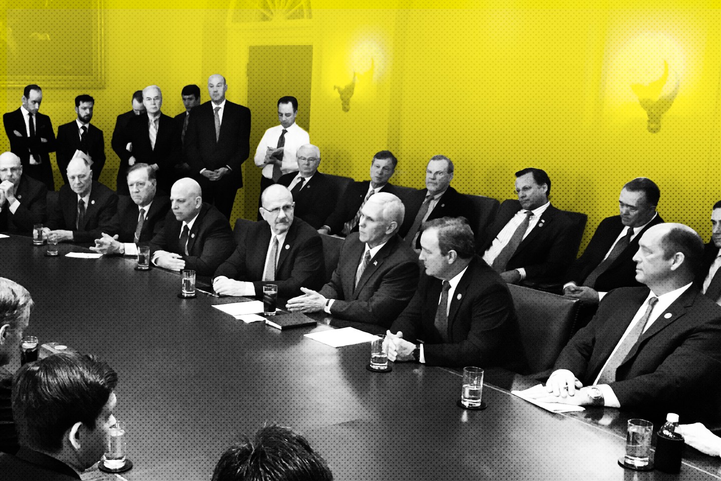March 23, 2017, Vice-President Mike Pence tweeted the photo, with the words: "Appreciated joining @POTUS for meeting with the Freedom Caucus again today This is it. #PassTheBill.