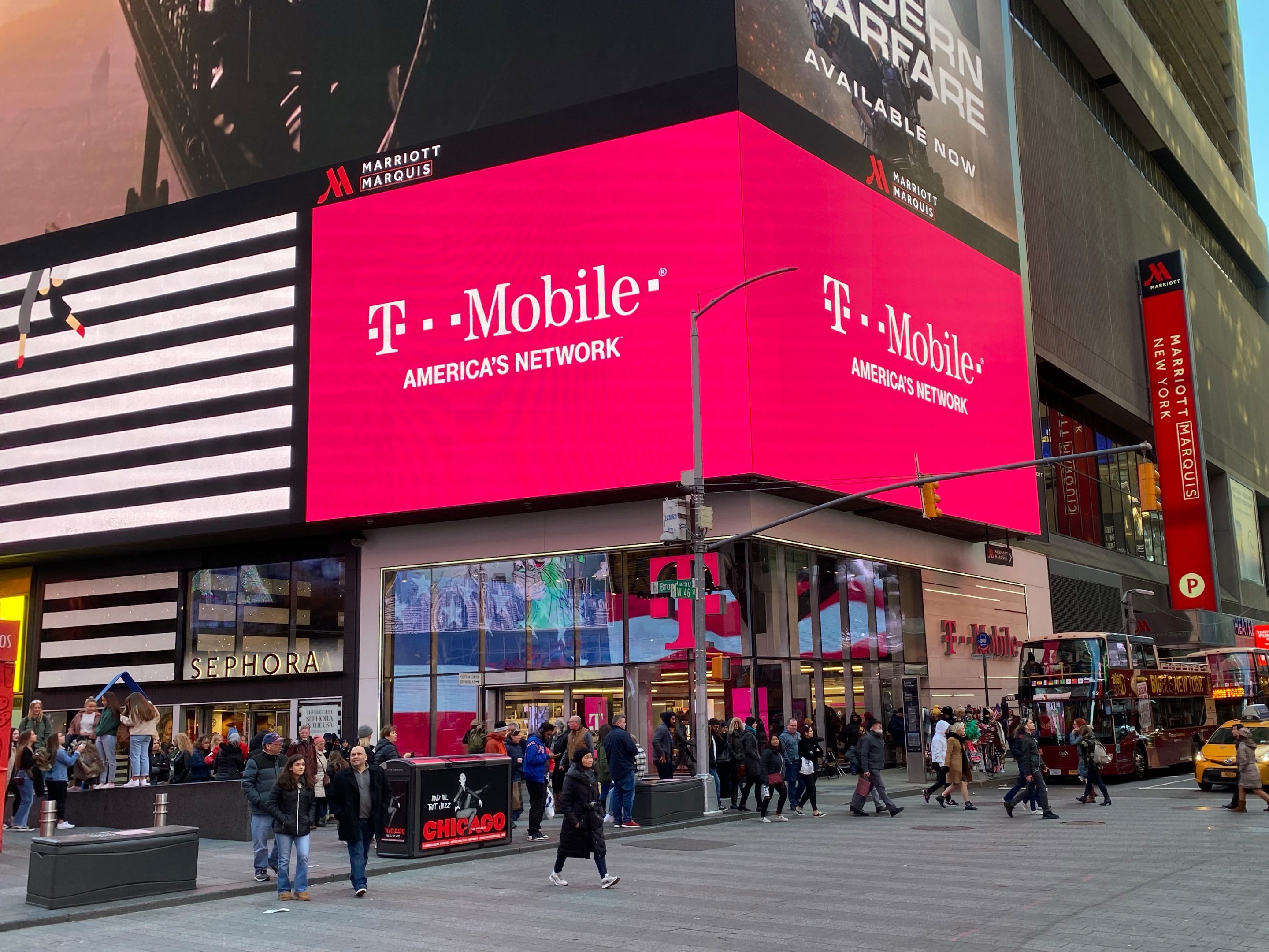 A branch of the mobile communications provider T-Mobile USA in busy Times Square in New York.