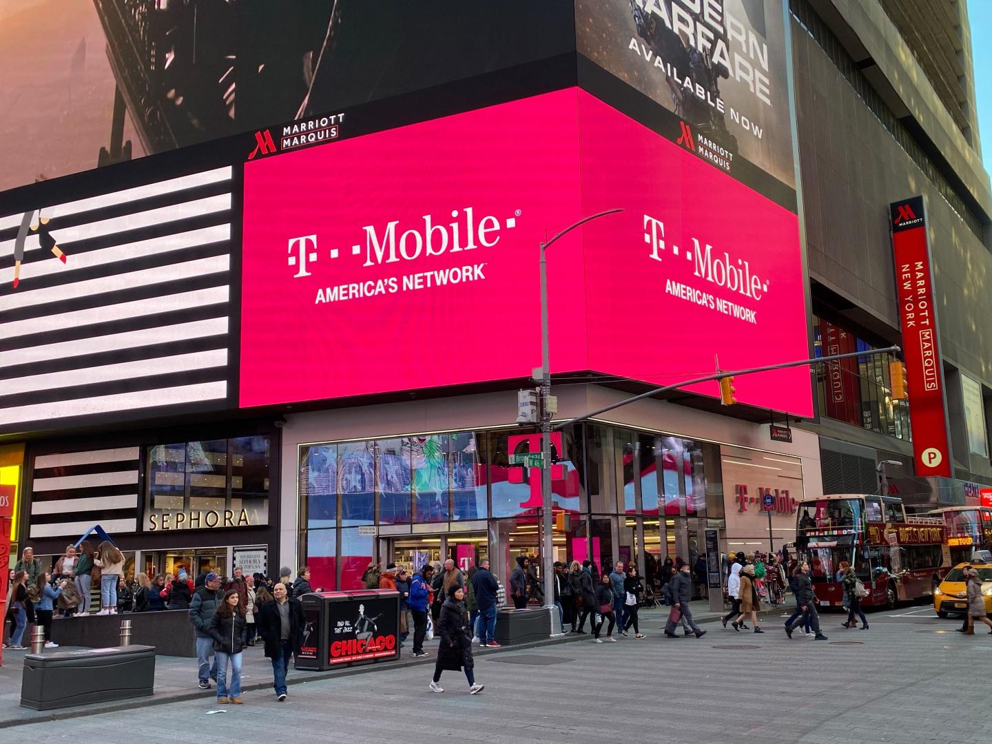 A branch of the mobile communications provider T-Mobile USA in busy Times Square in New York.