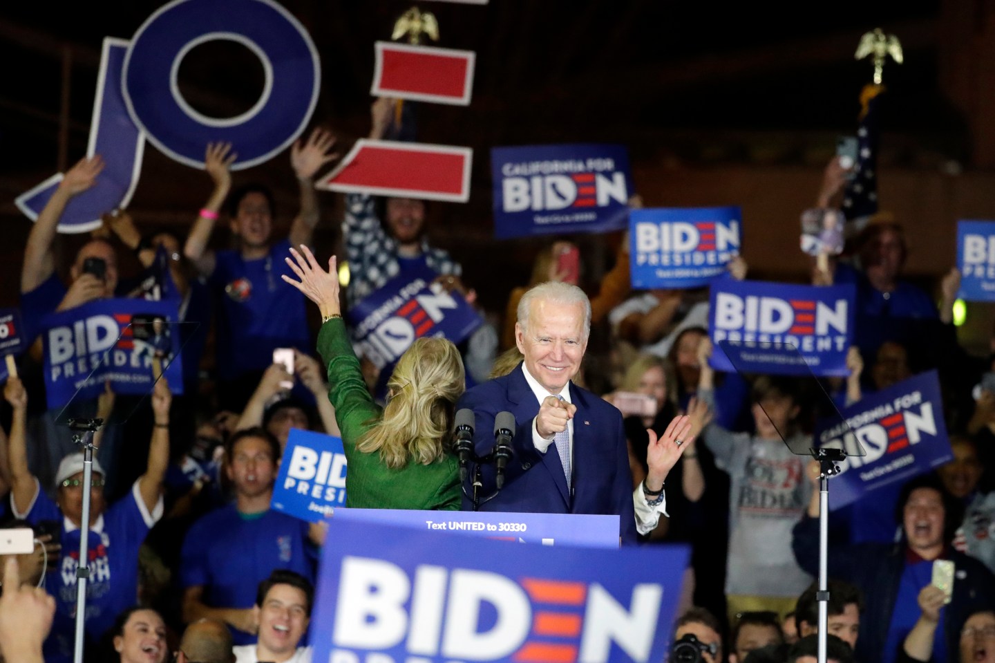 Democratic presidential candidate former Vice President Joe Biden speaks at a primary election night campaign rally on March 3, 2020, in Los Angeles.