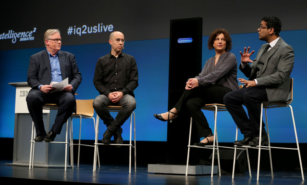 IBM researchers and debater Harish Natarajan discussing Project Debater on stage at an event in San Francisco in February 2019.