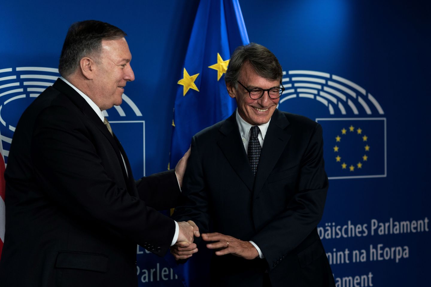 European Parliament President David Maria Sassoli (R) shakes hands with US Secretary of State Mike Pompeo on September 3, 2019 at the European Parliament in Brussels.