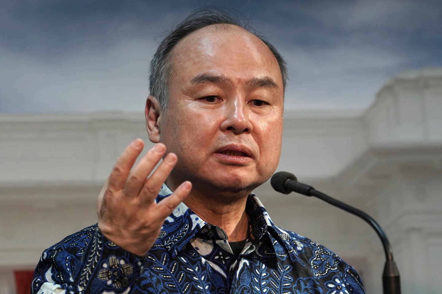 Masayoshi Son, chairman and chief executive officer of SoftBank Group Corp., speaks during a news conference following a meeting with Joko Widodo, Indonesia's president, not pictured, in Jakarta, Indonesia, on Friday, Feb. 28, 2020. Widodo's ambitious plan to build a new capital gathered momentum with Son and Tony Blair, U.K.'s former prime minster, holding discussions on the contours of the $34 billion project. Photographer Dimas Ardian/Bloomberg via Getty Images