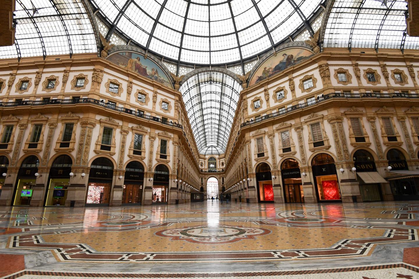 The inside of a deserted Galleria Vittorio Emanuele II shopping mall in center Milan on March 12, 2020.