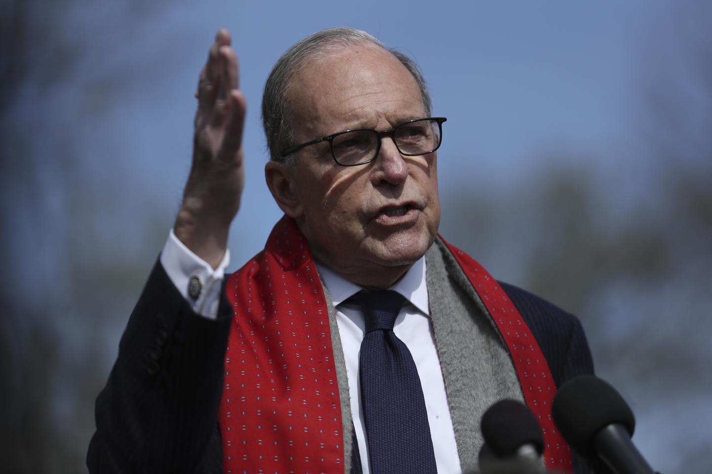 Larry Kudlow, director of the U.S. National Economic Council, speaks to members of the media at the White House in Washington, D.C., U.S., on Monday, March 16, 2020.  The White House is pressing for ways to assist U.S. airlines staggering under the weight of the coronavirus outbreak as House Republicans explore tax relief, loans and grants for the industry. Photographer: Oliver Contreras/Sipa/Bloomberg via Getty Images