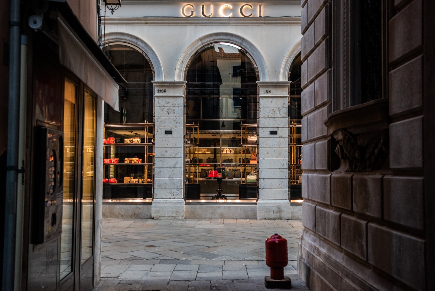 The Gucci Store in Venice, Italy on March 21, 2020 close to S.Mark Square. All the major high fashion brand stores in Venice around S.Mark square are closed due to the Coronavirus Emergency.