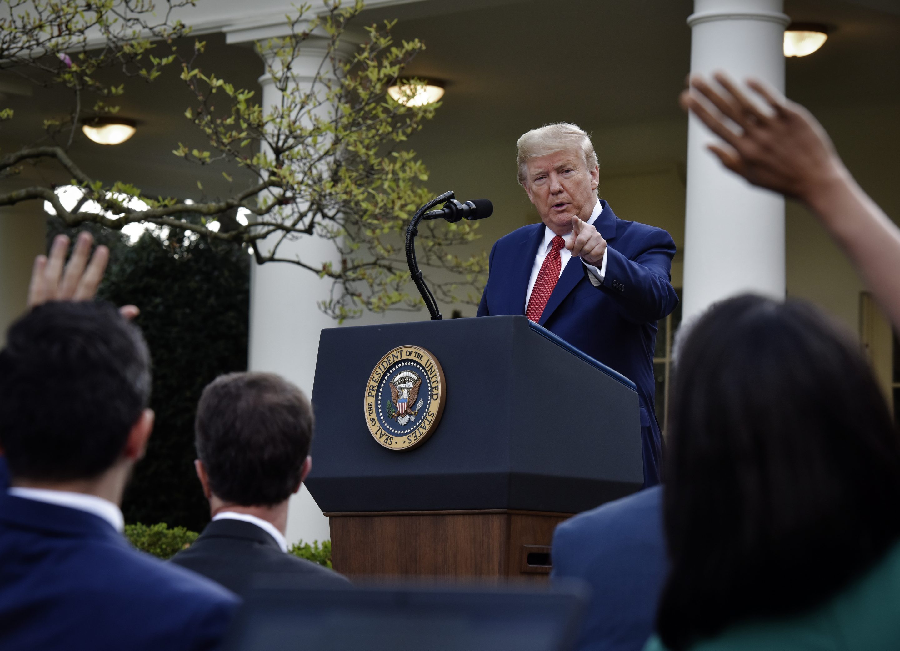 WASHINGTON, DC - March 29: President Donald Trump talks to reporters as he and members of the Coronavirus Task Force hold a press briefing, in Washington, DC. (Photo by Bill O'Leary/The Washington Post via Getty Images)