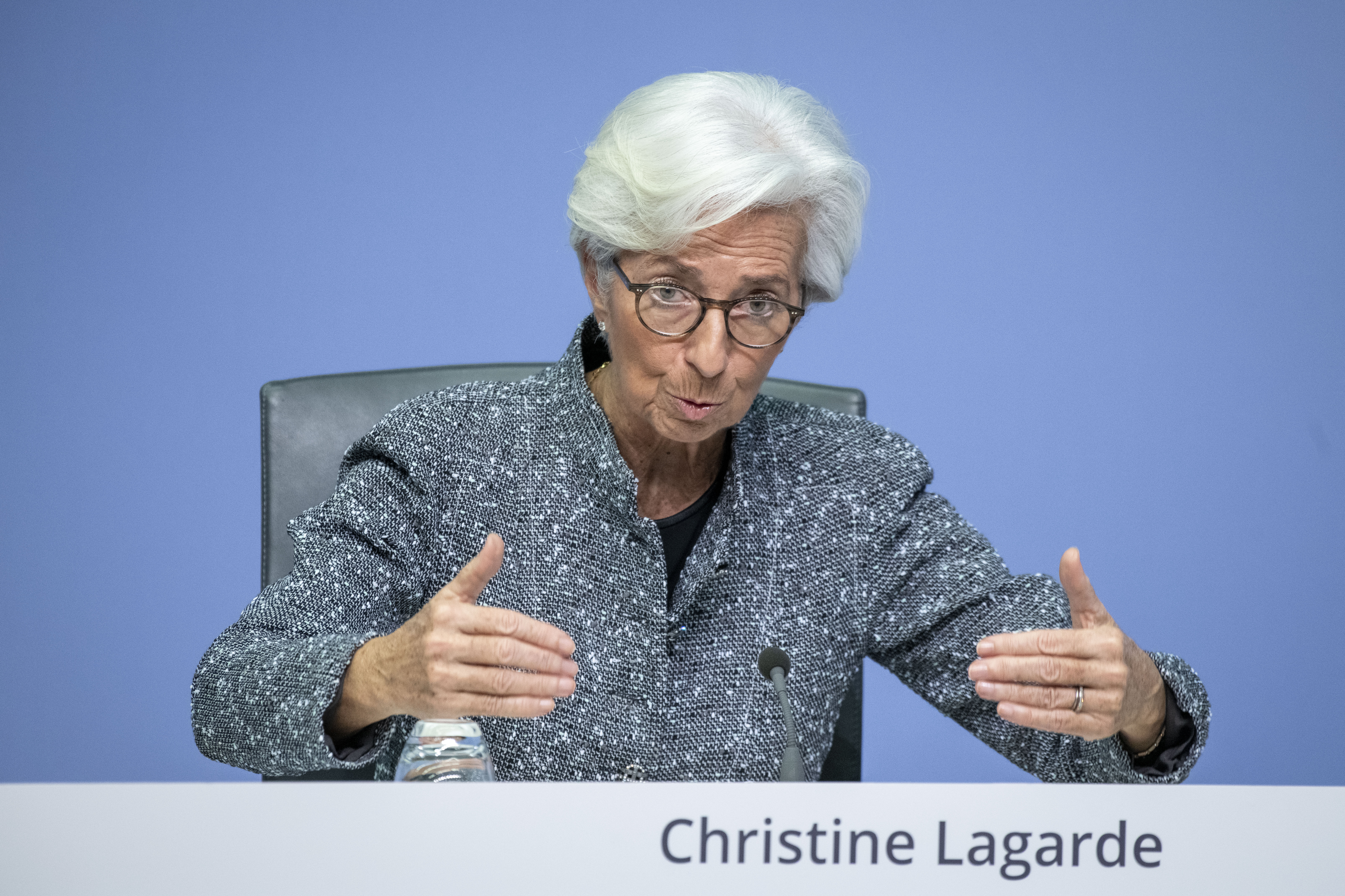 Christine Lagarde, President of the European Central Bank, speaks to the media following a meeting of the ECB governing board at ECB headquarters on March 12, 2020 in Frankfurt, Germany. The ECB announced emergency measures to bond 750 billion euros worth of bonds and commercial paper. Wire photography: Thomas Lohnes—Getty Images