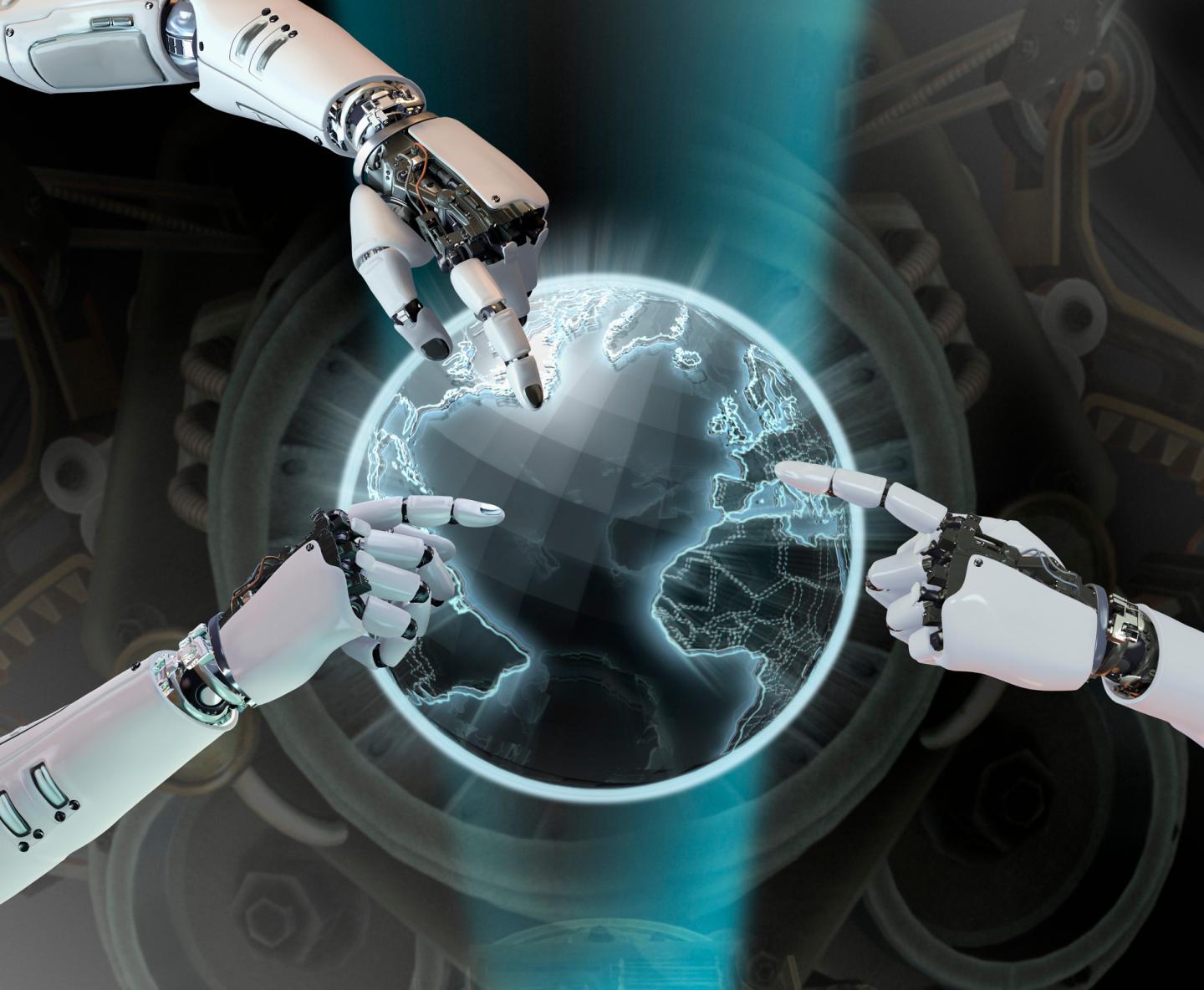 Robotic hands pointing at a globe