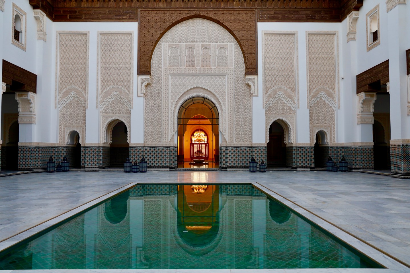 The courtyard of the Oberoi Marrakech, inspired by the design of the historic Medersa Ben Youssef, built in the 14th century and one of Marrakech’s most famous historic monuments.