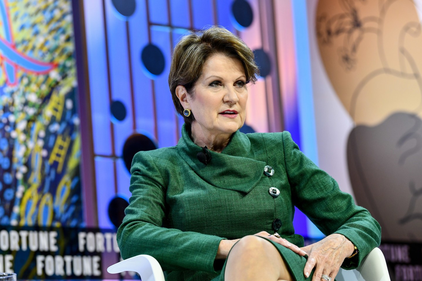 Lockheed Martin's Marrilyn Hewson speaks onstage at Fortune's Most Powerful Women Summit on Oct. 23, 2019. Hewson announced Monday she is stepping down as CEO of the defense contractor effective June 15.