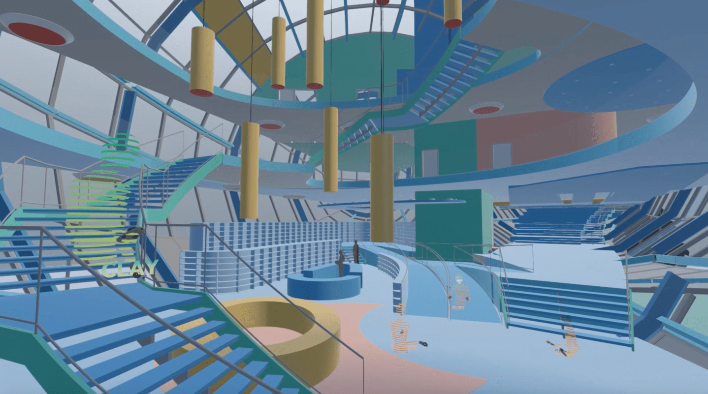 A digitally-rendered room full of staircases and rotundas.