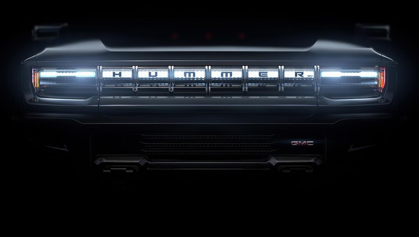 A preview of the grille of GMC's new Hummer EV.