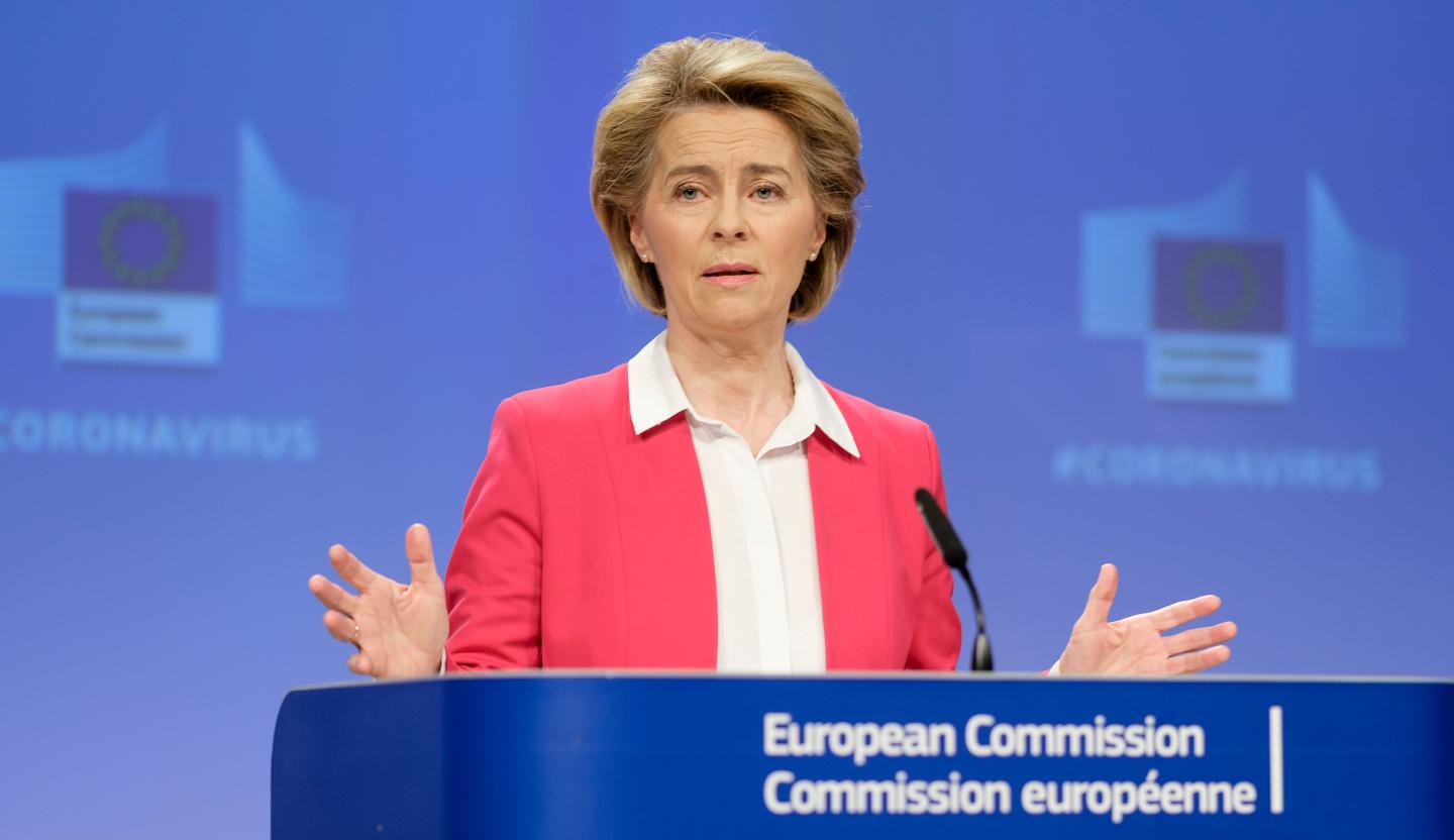 02 April 2020, Belgium: President of the European Commission Ursula von der Leyen is talking to media in the Berlaymont, the EU Commission headquarters.