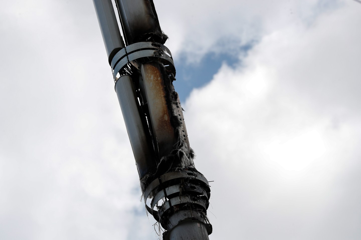 A fire-damaged telecom tower, reported in local media as being a 5G network mast on the EE network, operated by BT Group Plc, stands in Birmingham, U.K., on Monday, April 6, 2020. Telecom masts that enable the next generation of wireless communication were set on fire in the U.K. in recent days, apparently by people motivated by a theory that the tech helps spread the coronavirus. Photographer: Darren Staples/Bloomberg via Getty Images