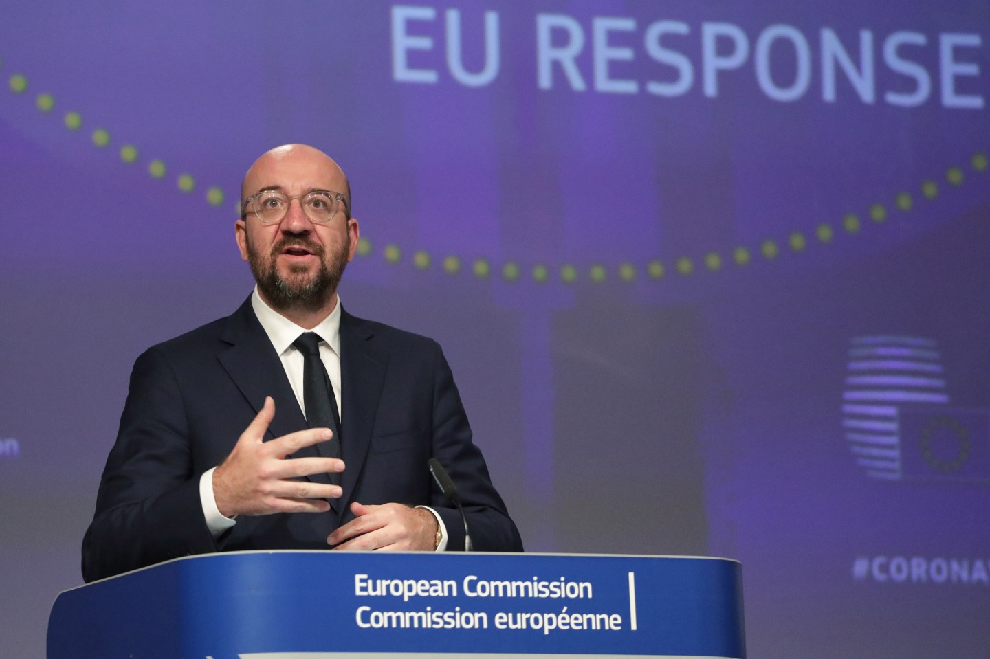 BRUSSELS, April 16, 2020 .European Council President Charles Michel attends a press conference on the European Union,EU, response to the coronavirus crisis at EU headquarters in Brussels, Belgium, April 15, 2020. EU on Wednesday put forward a roadmap for member states to phase out containment measures for COVID-19. According to the guideline, the member states should move cautiously as they return to normal life and base their actions on scientific advice. (European Union/Handout to Xinhua via Getty) (Xinhua/European Union via Getty Images)