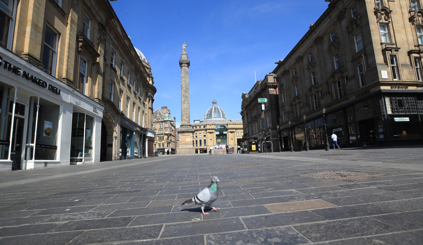 Grey's monument stands at the top of an empty street in Newcastle upon Tyne as shops and business remain closed and the population in lockdown in the UK's continuing fight against the coronavirus. (Photo by Owen Humphreys/PA Images via Getty Images)