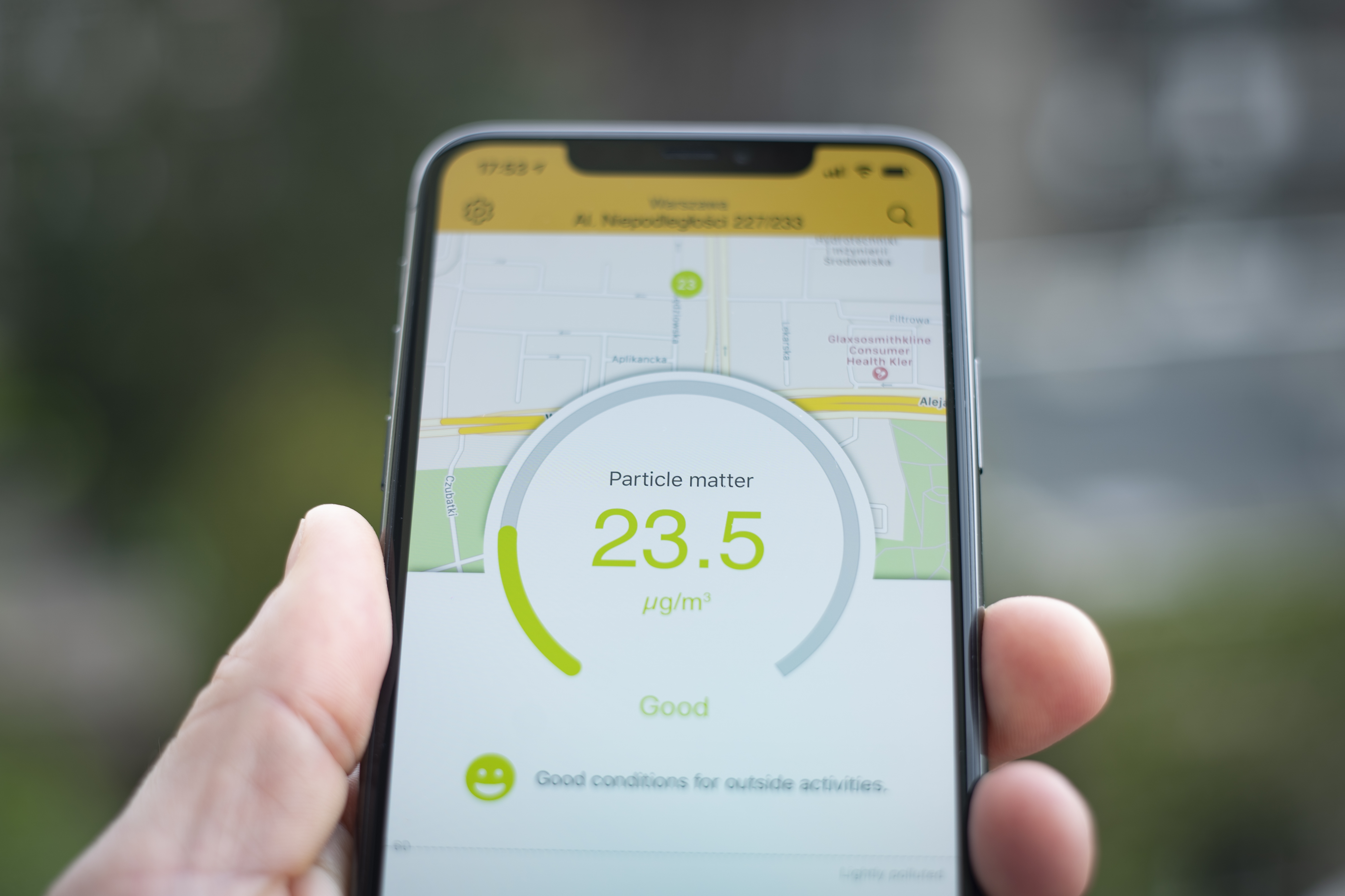 Air quality measurements are seen on an air pollution application on an iPhone in this photo illustration in Warsaw, Poland on April 29, 2020. The economic standstil resulting from the coronavirus lockdown pandemic has seen air pollution and carbon emission levels drop sharply.