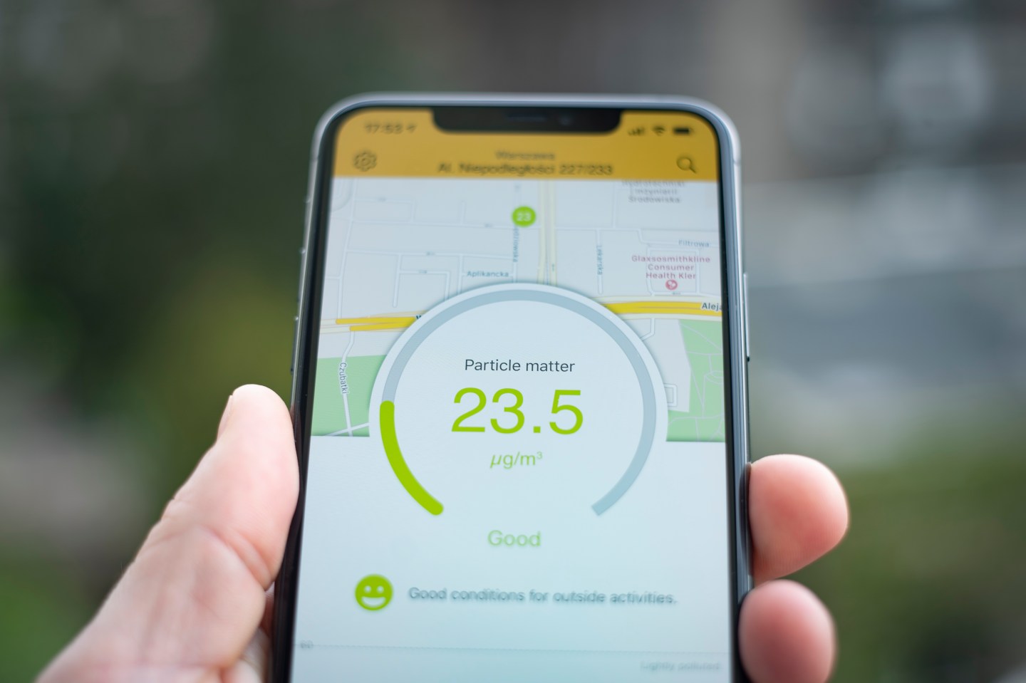 Air quality measurements are seen on an air pollution application on an iPhone in this photo illustration in Warsaw, Poland on April 29, 2020. The economic standstil resulting from the coronavirus lockdown pandemic has seen air pollution and carbon emission levels drop sharply.