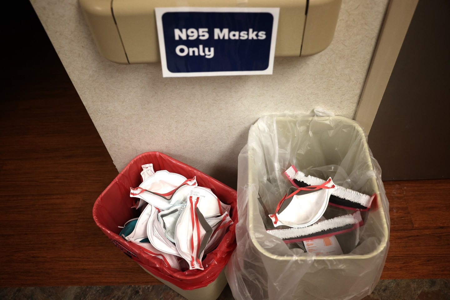 LEONARDTOWN, MARYLAND - APRIL 08: (EDITORIAL USE ONLY) Previously worn N95 protective masks, saved for possible recycling in the future, sit in baskets in the Intensive Care Unit of MedStar St. Mary's Hospital April 8, 2020 in Leonardtown, Maryland. MedStar St. Mary’s Hospital is located near the greater Washington, DC area in St. Mary’s county, Maryland. The state of Maryland currently has more than 5,500 reported COVID-19 cases and over 120 deaths. (Photo by Win McNamee/Getty Images)