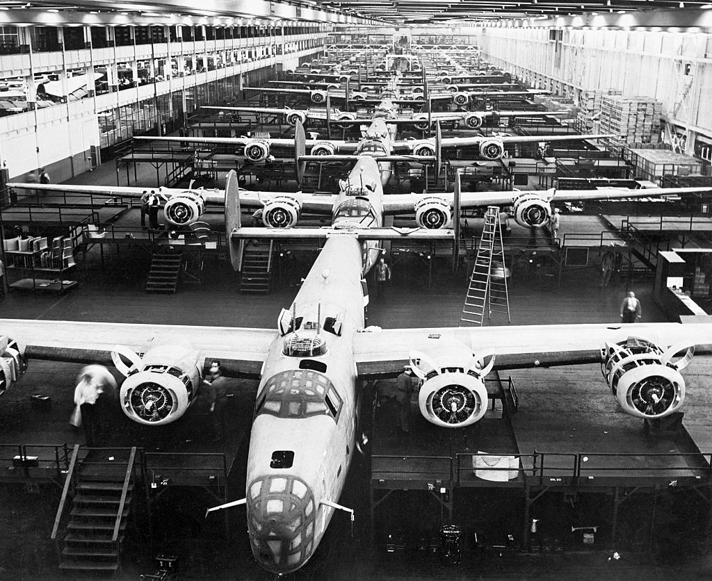 B-24 Liberators being assembled at the Willow Run Bomber Factory in Detroit.