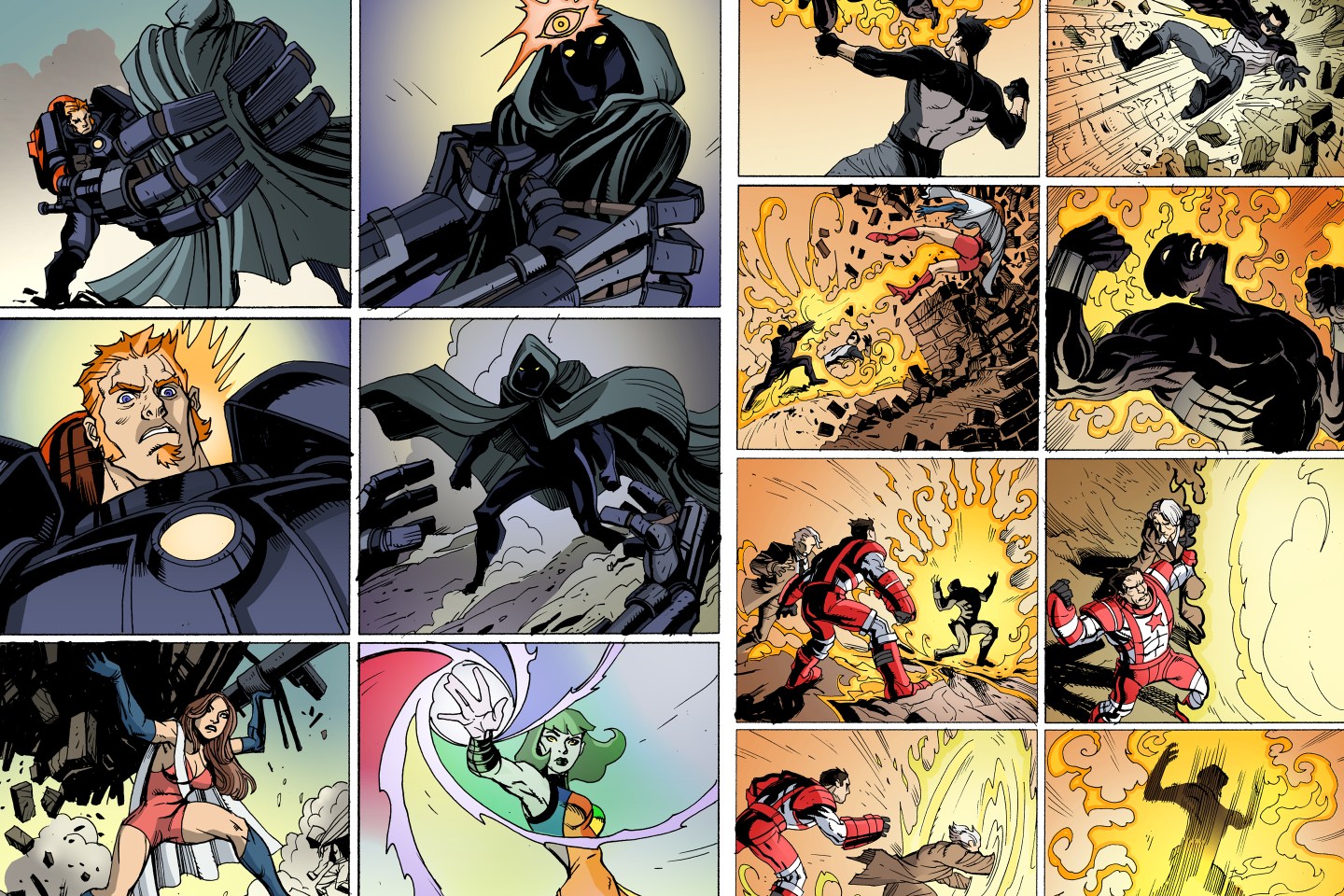 Panel pages from the unpublished original graphic novel "Emergents: Legacy" with art by Steve Ellis and Bottled Lightning Studio, which was used to generate game assets. The original art is hand-drawn on Bristol board in the longstanding tradition of comic books; colors were applied digitally.