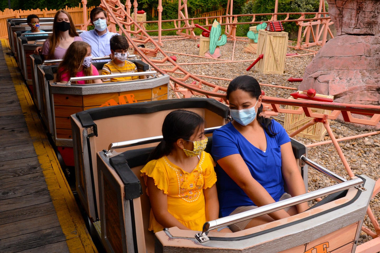 A May 2020 demonstration of "ride-distancing" at the Six Flags Frontier City theme park in Oklahoma City.