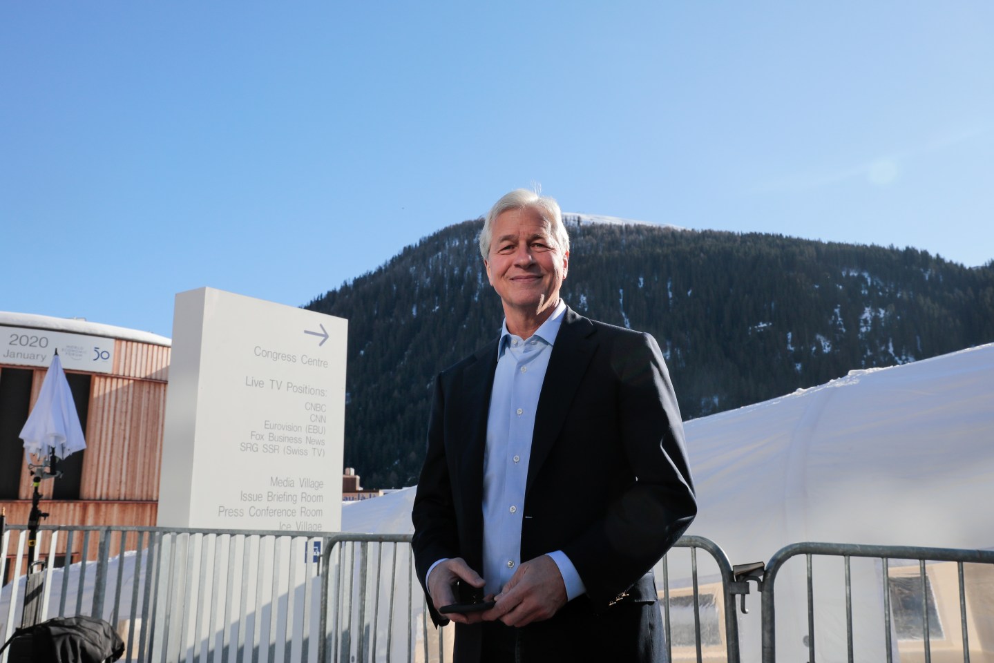 Jamie Dimon, chief executive officer of JPMorgan Chase &amp; Co., poses for a photograph outside the Congress Center on day two of the World Economic Forum (WEF) in Davos, Switzerland, on Wednesday, Jan. 22, 2020.