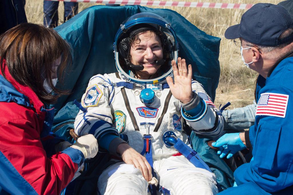 US astronaut Jessica Meir being assisted after her Soyuz capsule returned to Earth from the International Space Station.