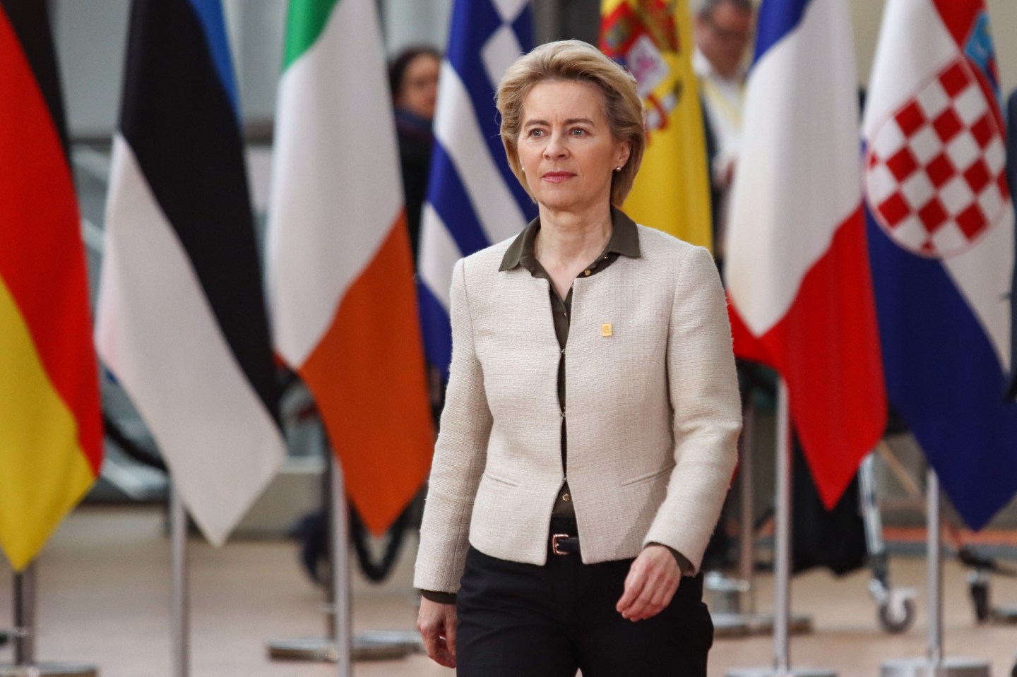 President of European Commission Ursula von der Leyen as seen arriving on the red carpet with the EU flags in the background, at the special European Council EUCO, EURO summit, EU leaders meeting in Brussels, Belgium about the future planning of the next long term budget of the European Union - EU on February 21, 2020.