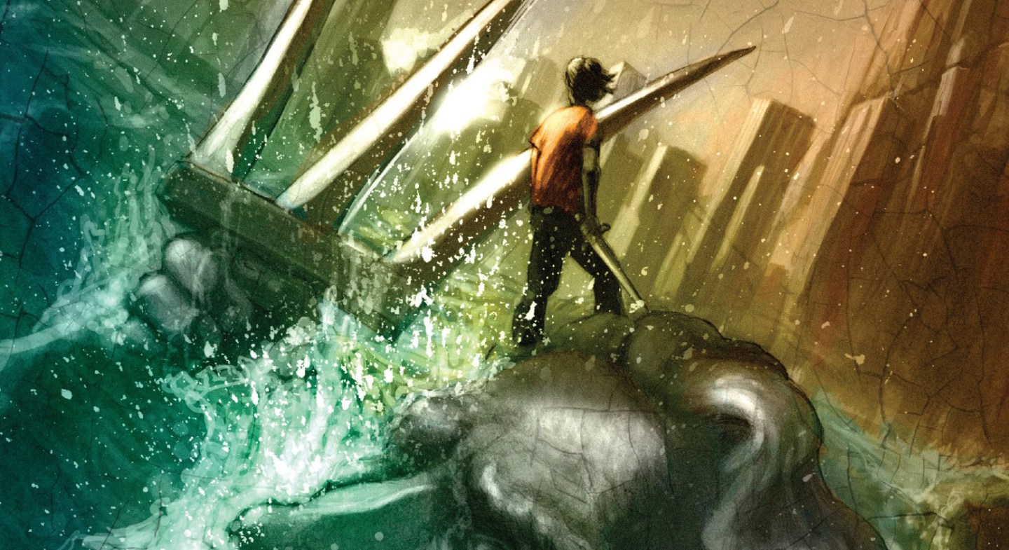 A portion of the cover art from the American edition of the first book in the "Percy Jackson" series, "The Lightning Thief," by Rick Riordan.