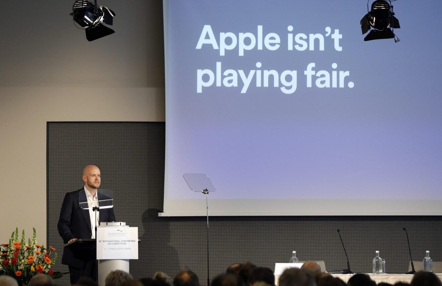 Spotify CEO Daniel Ek giving presentation in which he is criticizing Apple's closed platform