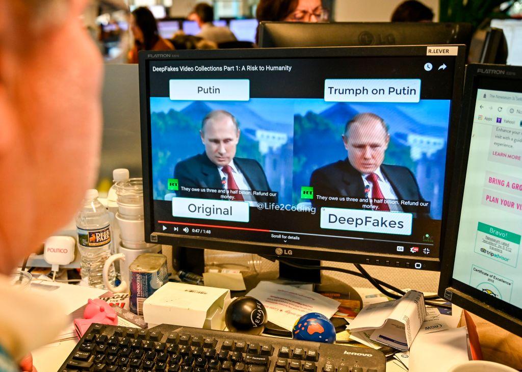 Image of a computer screen displaying a video of Vladimir Putin and a deepfake created from the same video