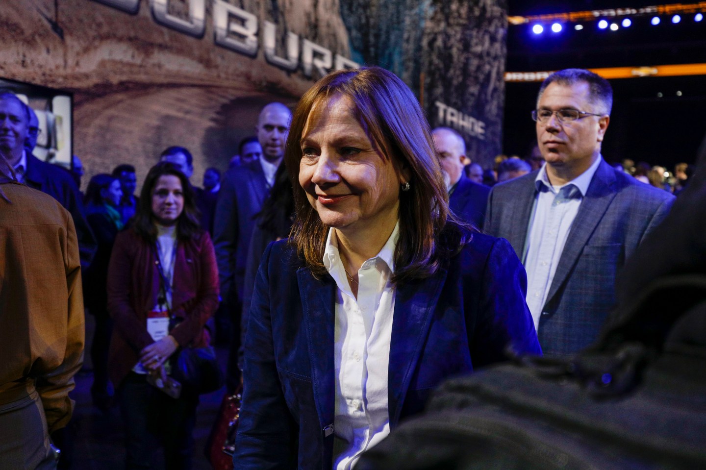 Mary Barra, Chairman and CEO of General Motors, is shown at the reveals of the new 2021 Chevrolet Suburban and 2021 Chevrolet Tahoe SUVs at Little Caesars Arena on December 10, 2019 in Detroit, Michigan.